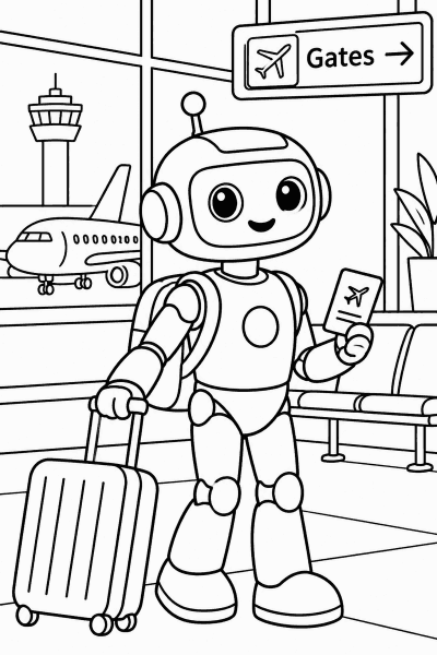 Omaľovánka robota s letenkou a kufrom na letisku pred lietadlom