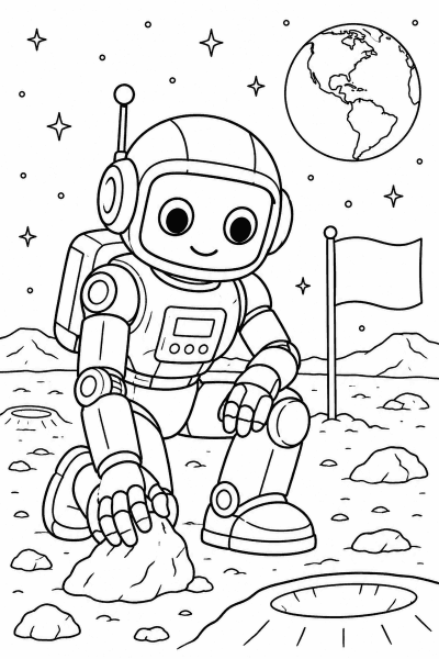 Omaľovánka robota na Mesiaci skloneného nad kameňom, s vlajkou a Zemou v pozadí