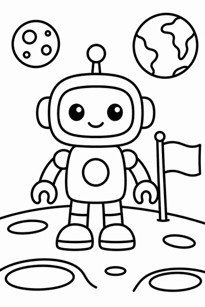 Omaľovánka robota na Mesiaci vedľa vlajky, na oblohe Zem a planéty
