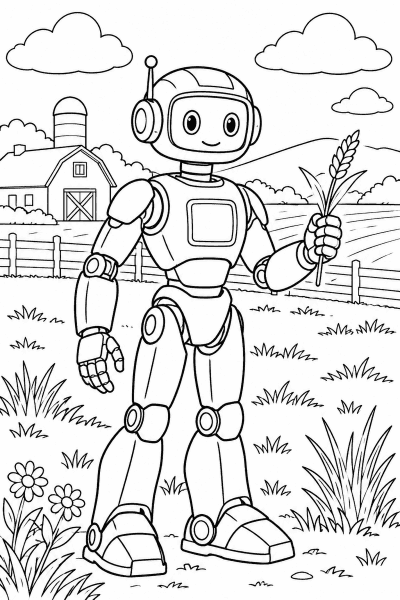 Omaľovánka robota s klasom obilia na poli pred stodolou