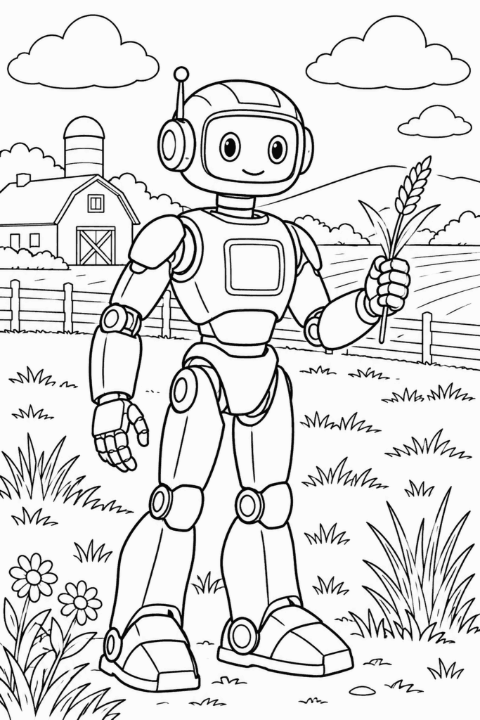 Omaľovánka robota s klasom obilia na poli pred stodolou