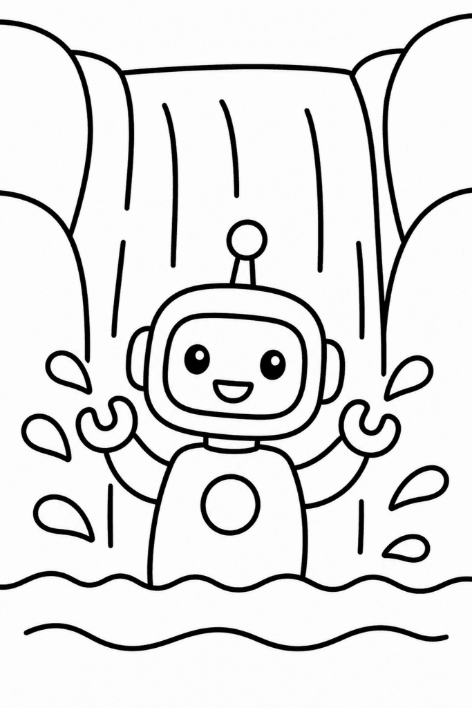 Omaľovánka veselého robota stojaceho pod vodopádom medzi kvapkami vody