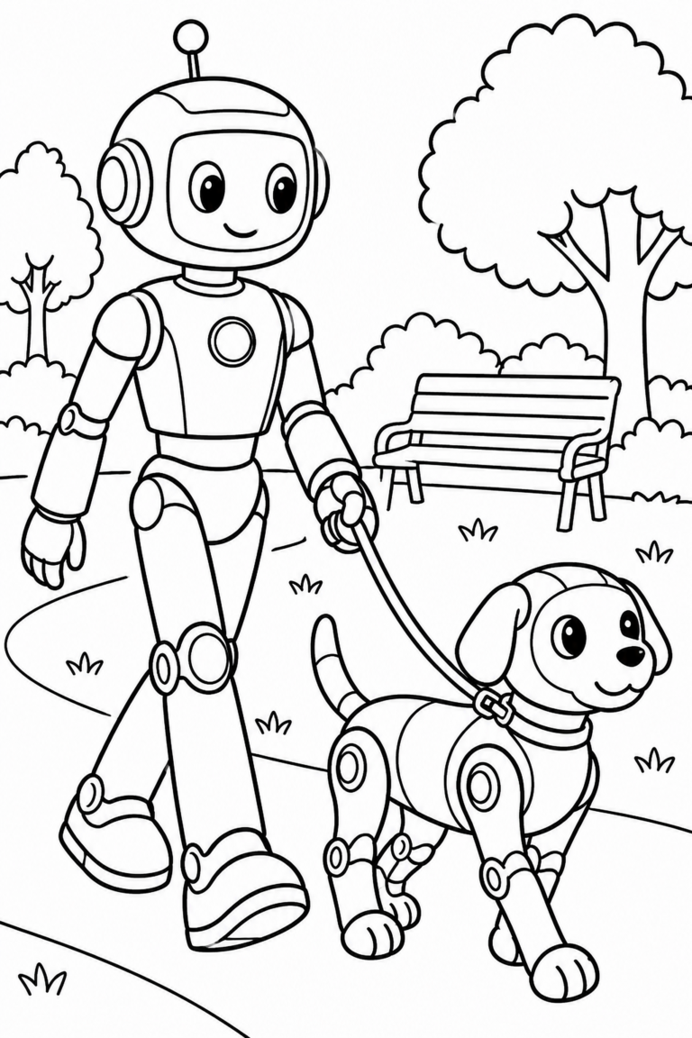 Omaľovánka robota s robotickým psom v parku so stromami a lavičkou