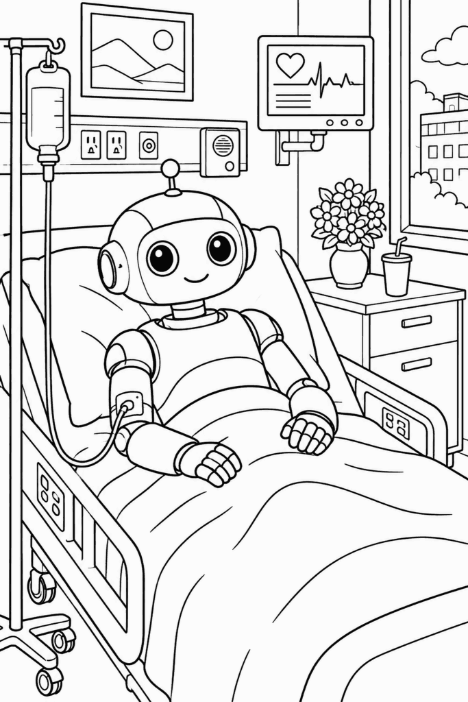 Omaľovánka robota ležiaceho na nemocničnom lôžku s infúziou a monitorom srdca