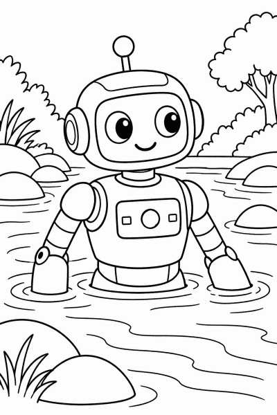 Omaľovánka usmievavého robota, ktorý stojí vo vode medzi kameňmi a stromami