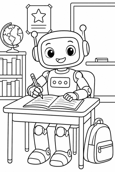 Omaľovánka robota pri školskej lavici s otvorenou knihou a ceruzkou