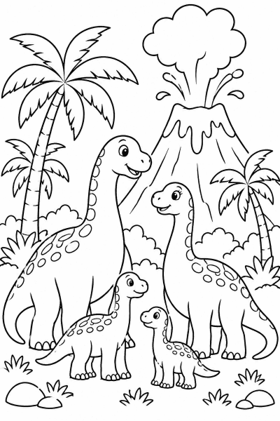 Omaľovánka rodiny dinosaurov vedľa sopky a paliem