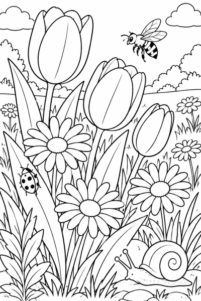 Omaľovánka lúky s tulipánmi, sedmokráskami, včelou, lienkou a slimákom