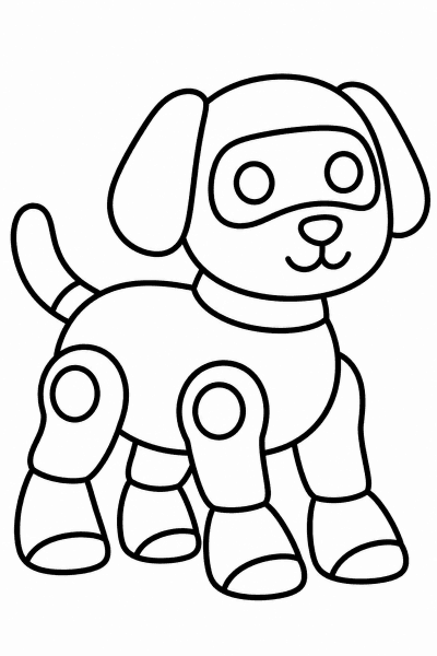 Omaľovánka robotického psíka s okrúhlymi očami a kĺbmi