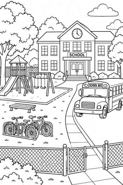 Omaľovánka školy s ihriskom, školským autobusom, bicyklami a stromami