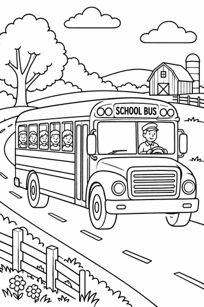 Omaľovánka školského autobusu s deťmi na vidieckej ceste so stromom a farmou