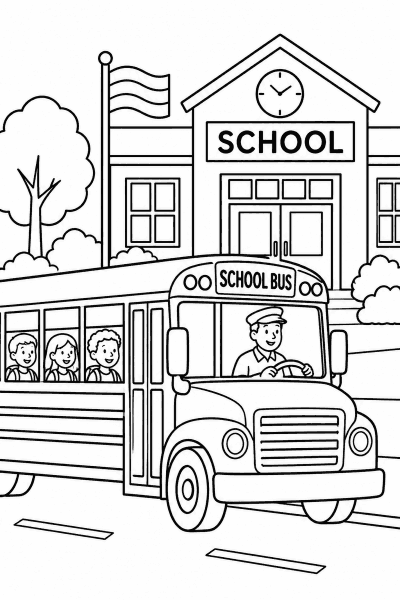 Omaľovánka školského autobusu, ktorý zastavuje pred školou s deťmi vnútri