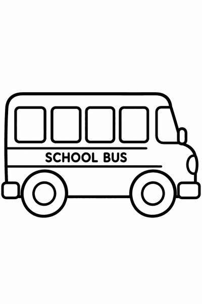 Omaľovánka školského autobusu z boku s kolesami a oknami