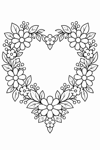 Omaľovánka venca v tvare srdca poskladaného z kvetov a listov