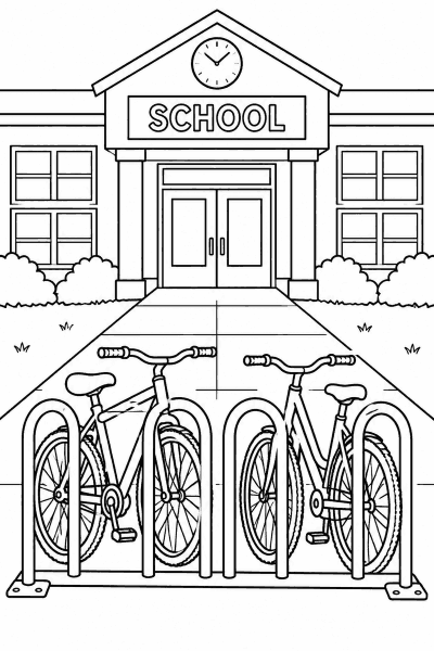 Omaľovánka dvoch bicyklov v stojane pred školskou budovou