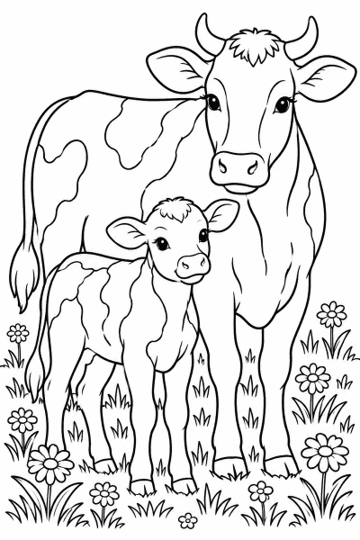 Omaľovánka kravy a teliatka, ktoré stoja na lúke s kvetmi