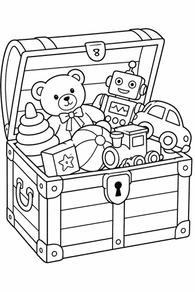 Omaľovánka truhlice plnej hračiek s mackom, robotom a autíčkom