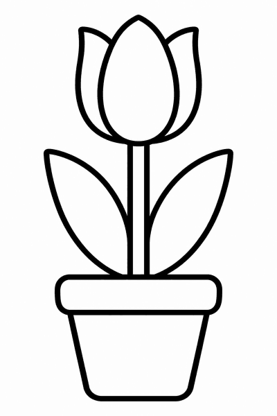Omaľovánka tulipánu, ktorý rastie v malom kvetináči