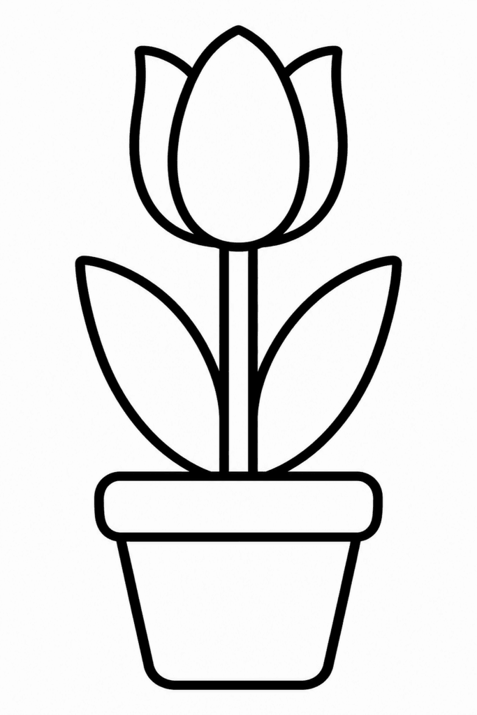 Omaľovánka tulipánu, ktorý rastie v malom kvetináči
