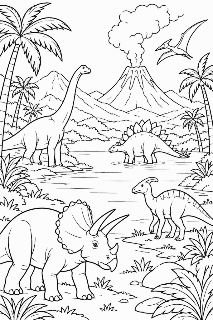 Omaľovánka pravekého údolia s dinosaurami, sopkou v pozadí a palmami