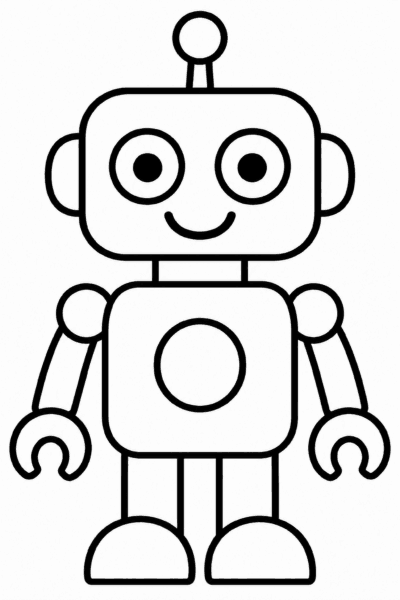 Omaľovánka usmiateho robota s anténou na hlave a okrúhlym bruškom