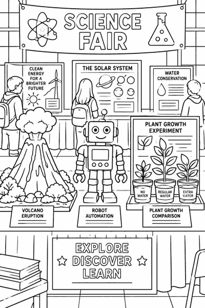 Omaľovánka vedeckej výstavy s modelom sopky, robotom a pokusmi s rastlinami