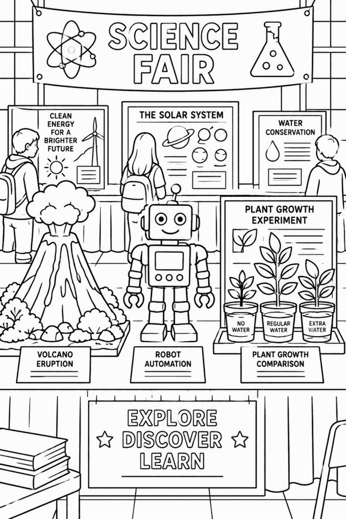 Omaľovánka vedeckej výstavy s modelom sopky, robotom a pokusmi s rastlinami