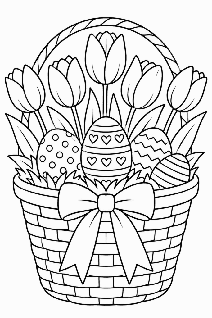 Omaľovánka veľkonočného košíka s vajíčkami, tulipánmi a mašľou