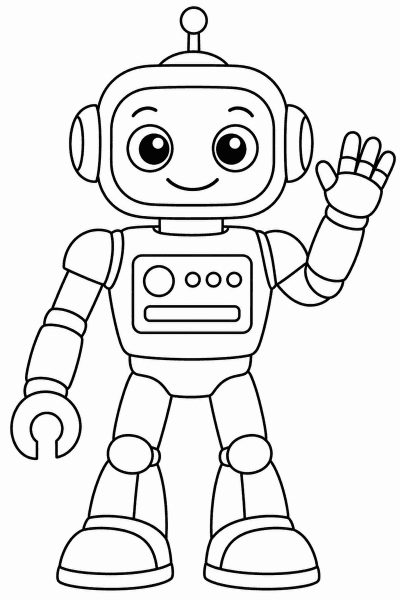 Omaľovánka usmievavého robota s veľkými očami, ktorý máva rukou