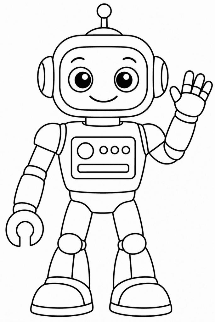 Omaľovánka usmievavého robota s veľkými očami, ktorý máva rukou