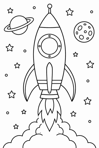 Omaľovánka rakety medzi hviezdami s planétou a mesiacom v pozadí