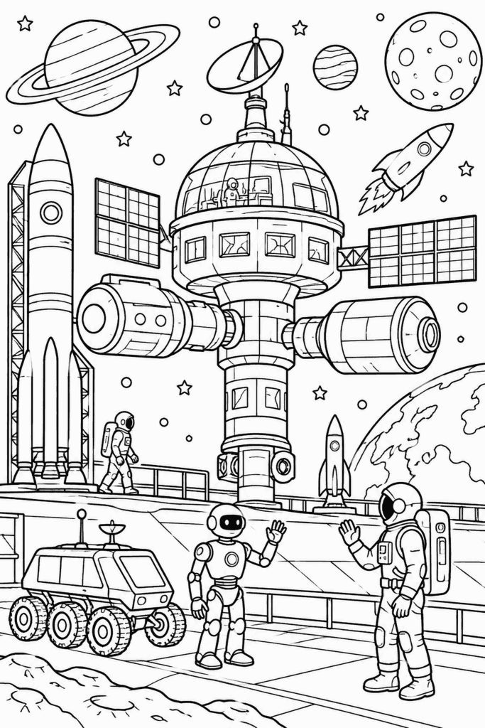 Omaľovánka vesmírnej stanice s astronautmi, robotmi, raketami a planétami