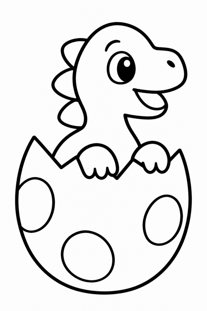 Omaľovánka malého dinosaura, ktorý vykukuje z prasknutého vajca