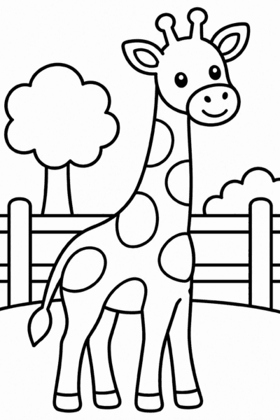 Omaľovánka usmievavej žirafy pri plote v zoo so stromom v pozadí