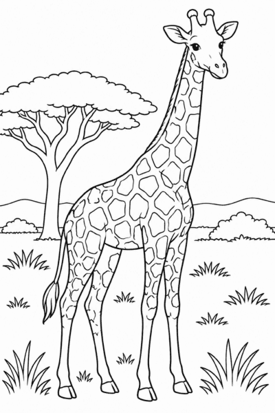 Omaľovánka žirafy v savane s akáciou a pahorkami na obzore